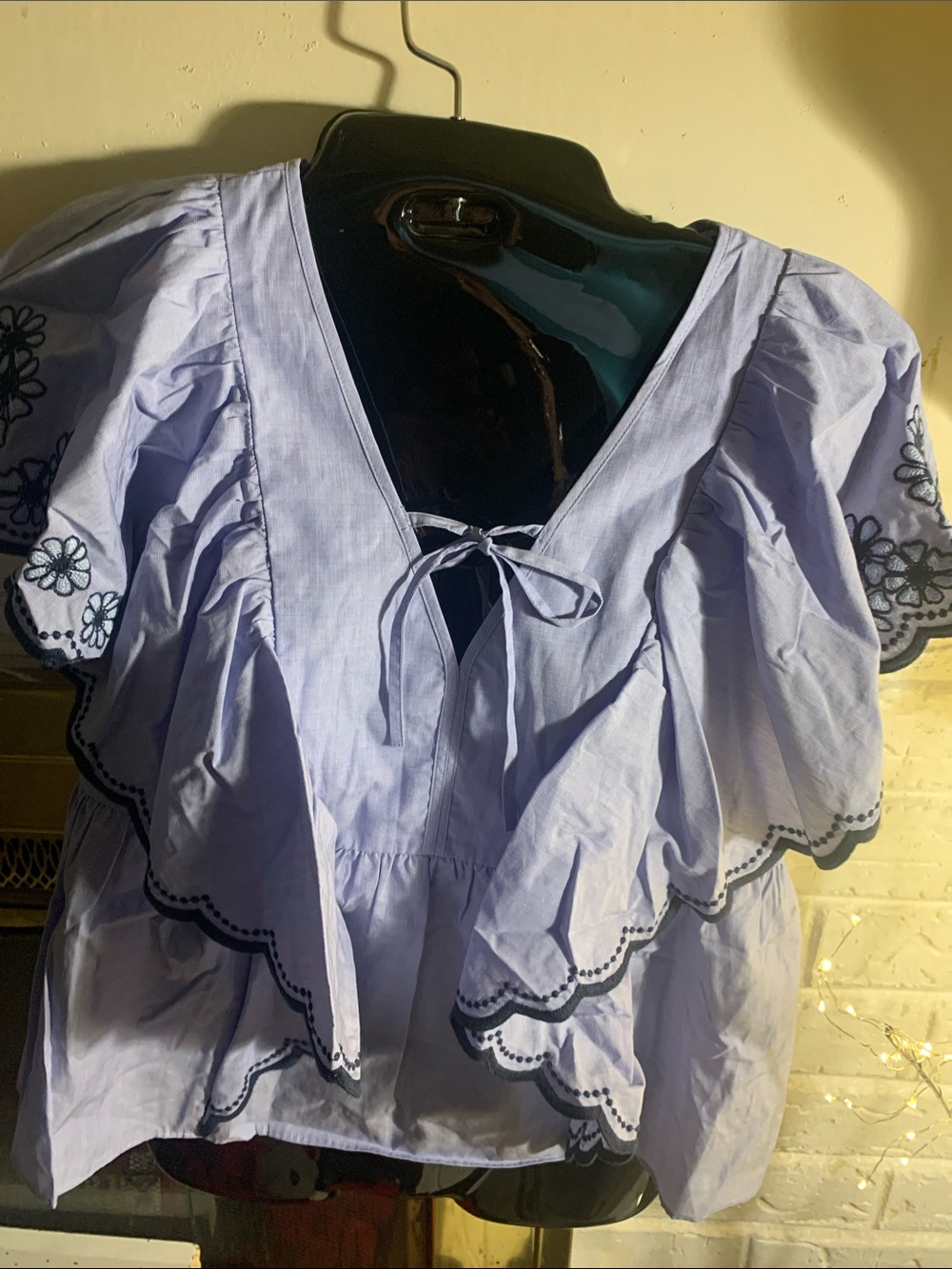 Women's Light blue Ruffle V-Neck Top with Embroidered Trim